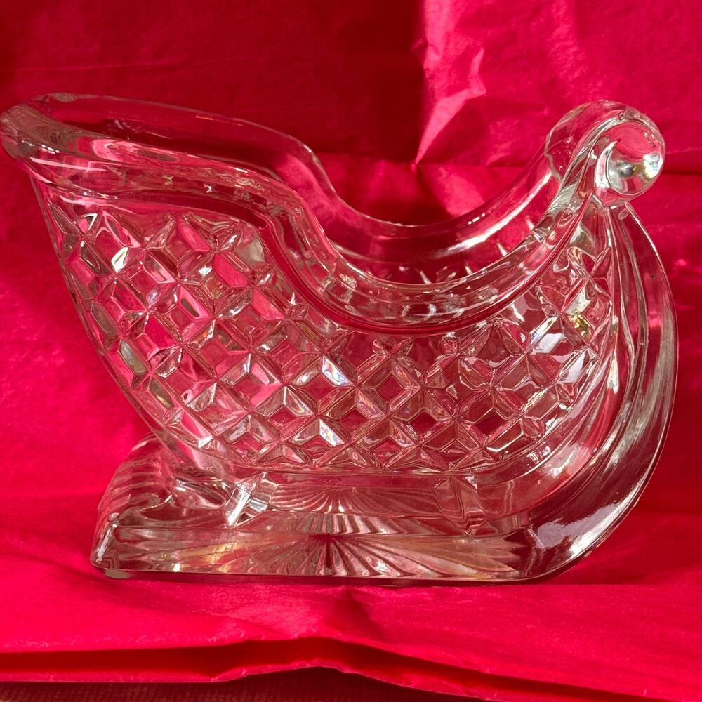 Vintage Crystal Santa Sleigh Heavy Pressed Glass Holiday Centerpiece Candy Bowl